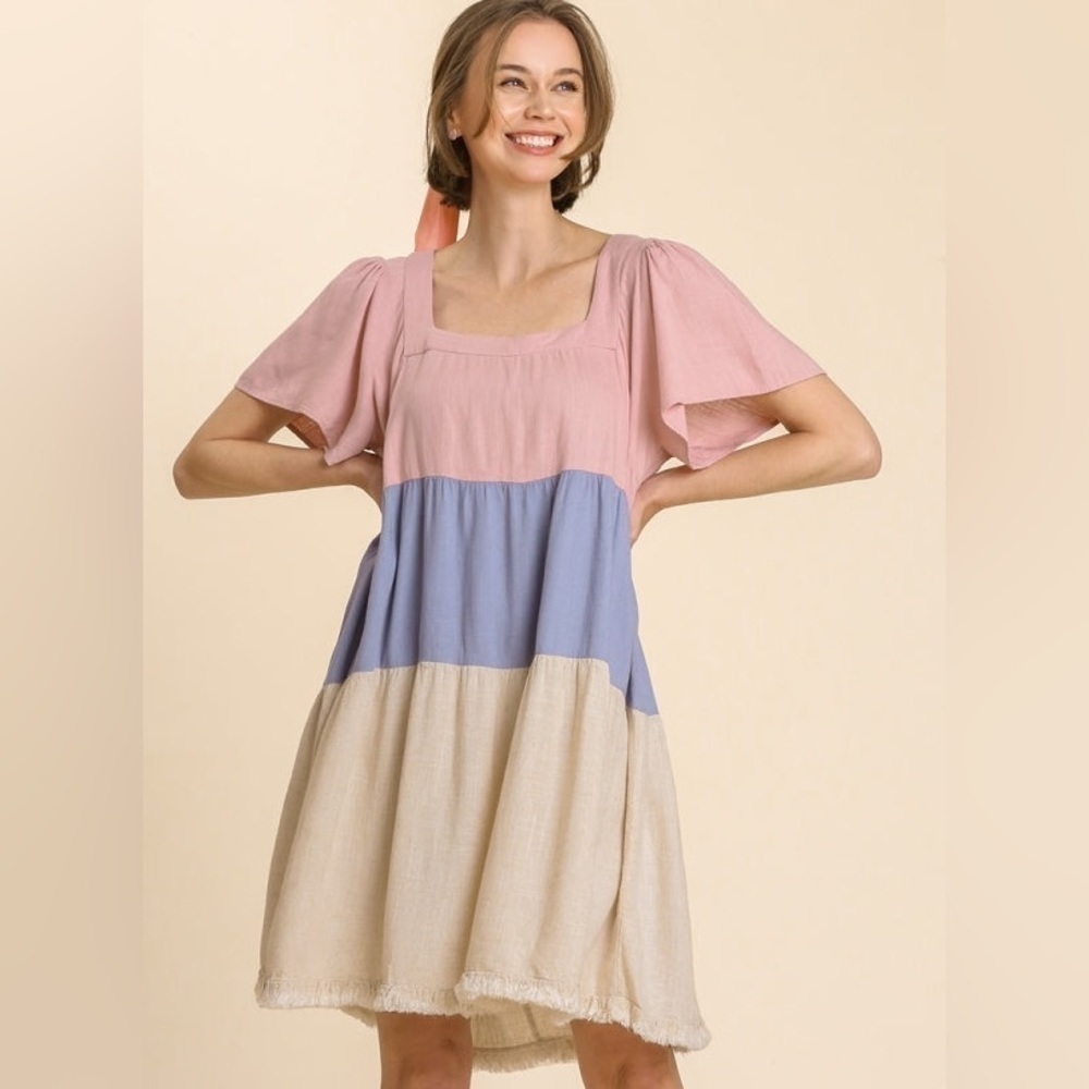 🆕 Umgee Linen Blend Colorblock Square Neckline Short Sleeve Dress Frayed Hem
